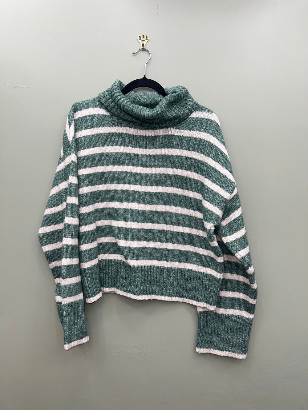 Z Supply Oversized Striped Turtleneck Sweater Sage Green White Cozy Soft Size S